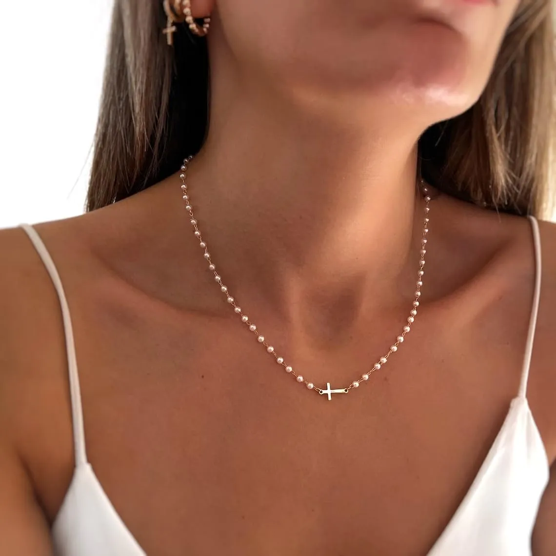 IEFWELL Cross Necklaces for Women - Dainty Gold Silver Cross Necklace for Women Trendy Simple Sideways Layered CZ Cross Necklaces Gold Jewelry for Womens Gifts