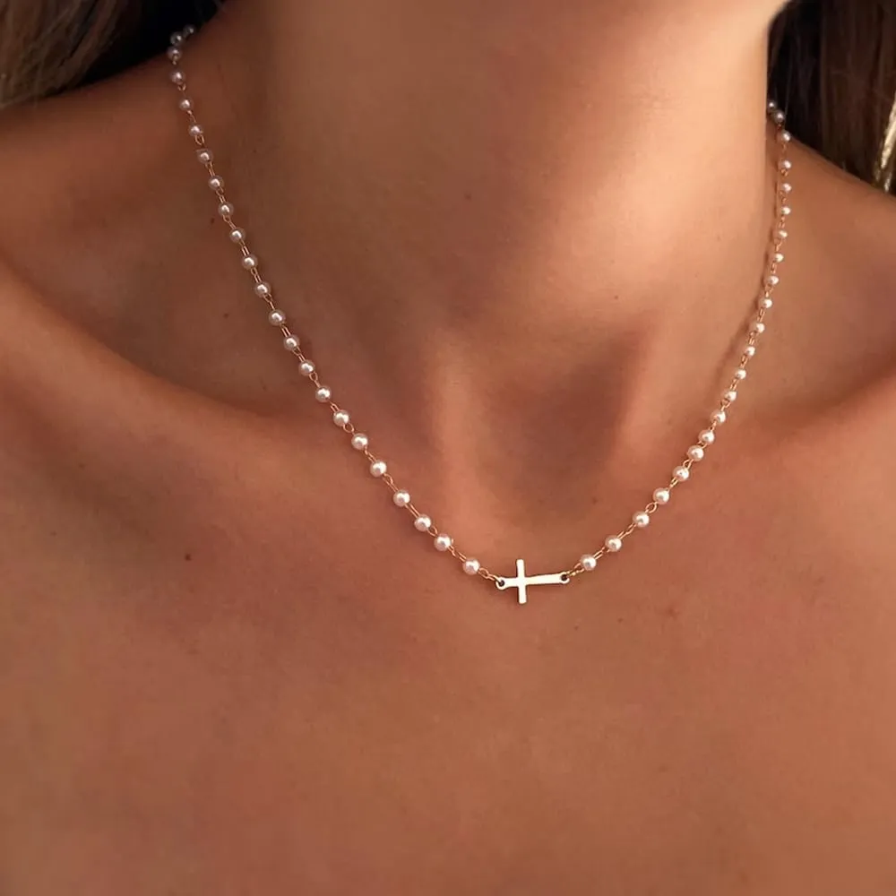 IEFWELL Cross Necklaces for Women - Dainty Gold Silver Cross Necklace for Women Trendy Simple Sideways Layered CZ Cross Necklaces Gold Jewelry for Womens Gifts