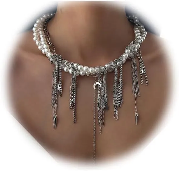 Imitation Pearl Necklaces for Women Multilayer Pearls Necklace Stack Star Love Heart Tassel Link Pendant Choker Necklace Summer Beach Fashion Jewelry Accessories for Women Wedding Party