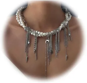 Imitation Pearl Necklaces for Women Multilayer Pearls Necklace Stack Star Love Heart Tassel Link Pendant Choker Necklace Summer Beach Fashion Jewelry Accessories for Women Wedding Party