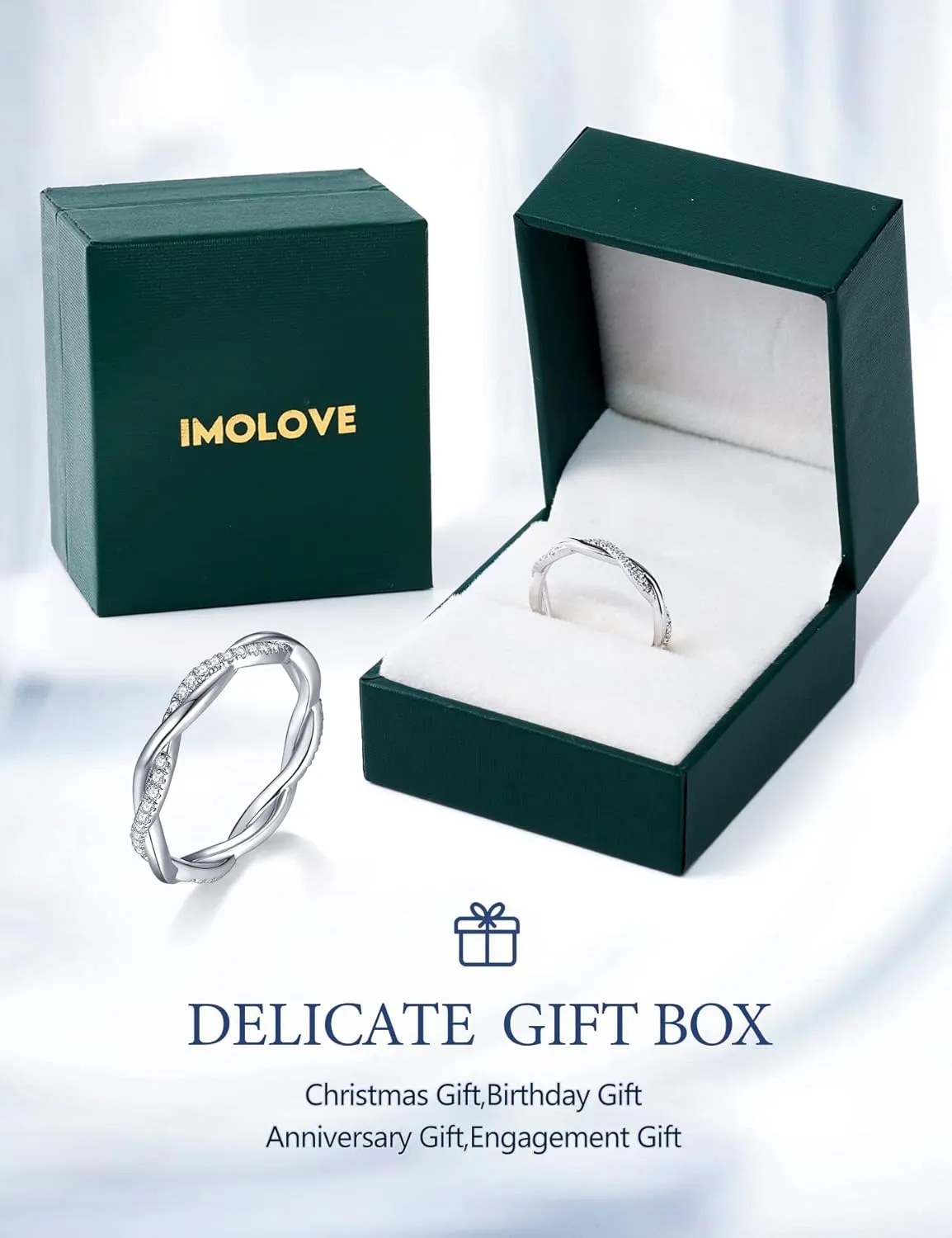IMOLOVE Moissanite Wedding Band Wedding Rings for Women Twisted Rings 925 Sterling Silver Rings with 18K White Gold Plated Eternity Stackable Engagement Ring Anniversary Band Size 4-11