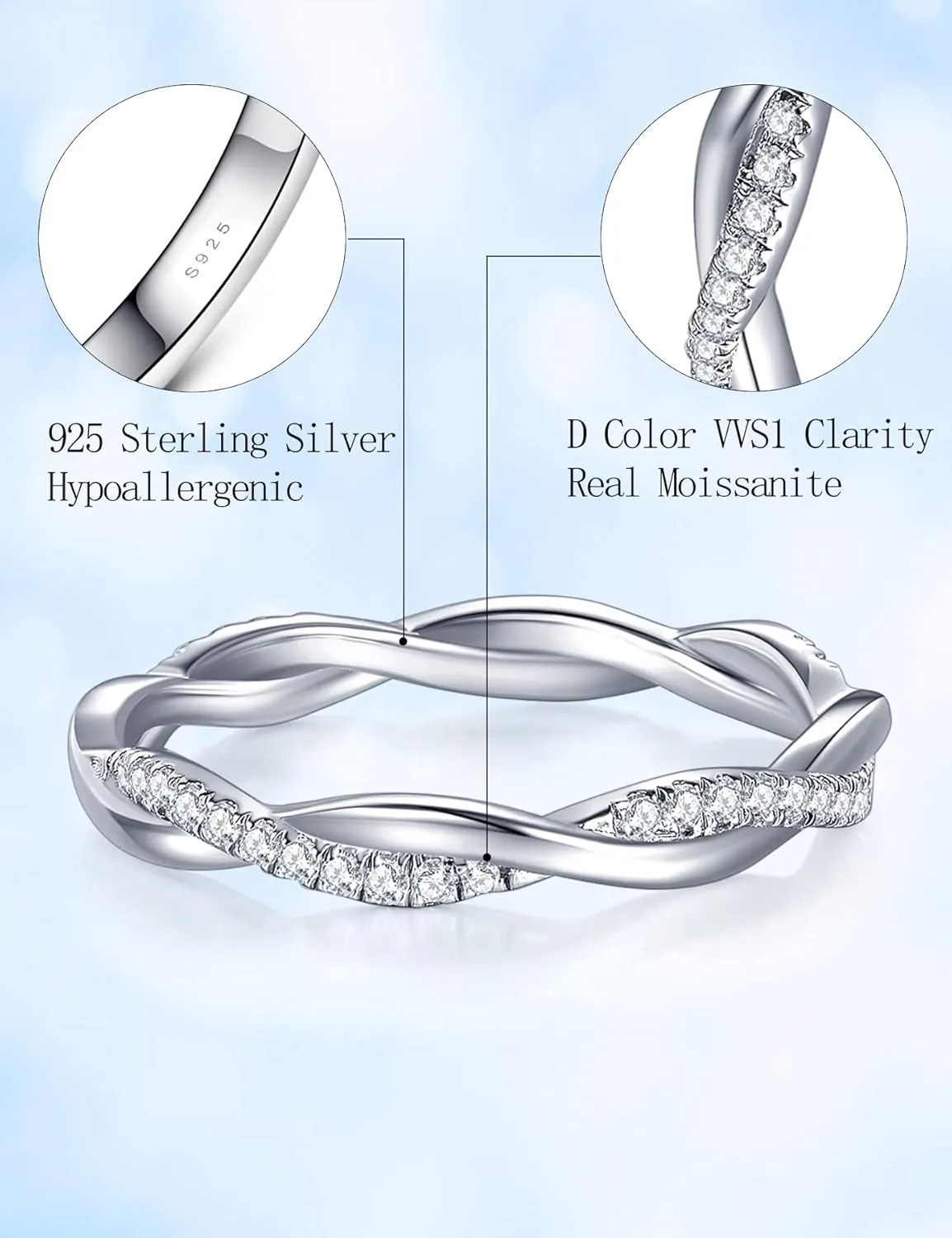 IMOLOVE Moissanite Wedding Band Wedding Rings for Women Twisted Rings 925 Sterling Silver Rings with 18K White Gold Plated Eternity Stackable Engagement Ring Anniversary Band Size 4-11