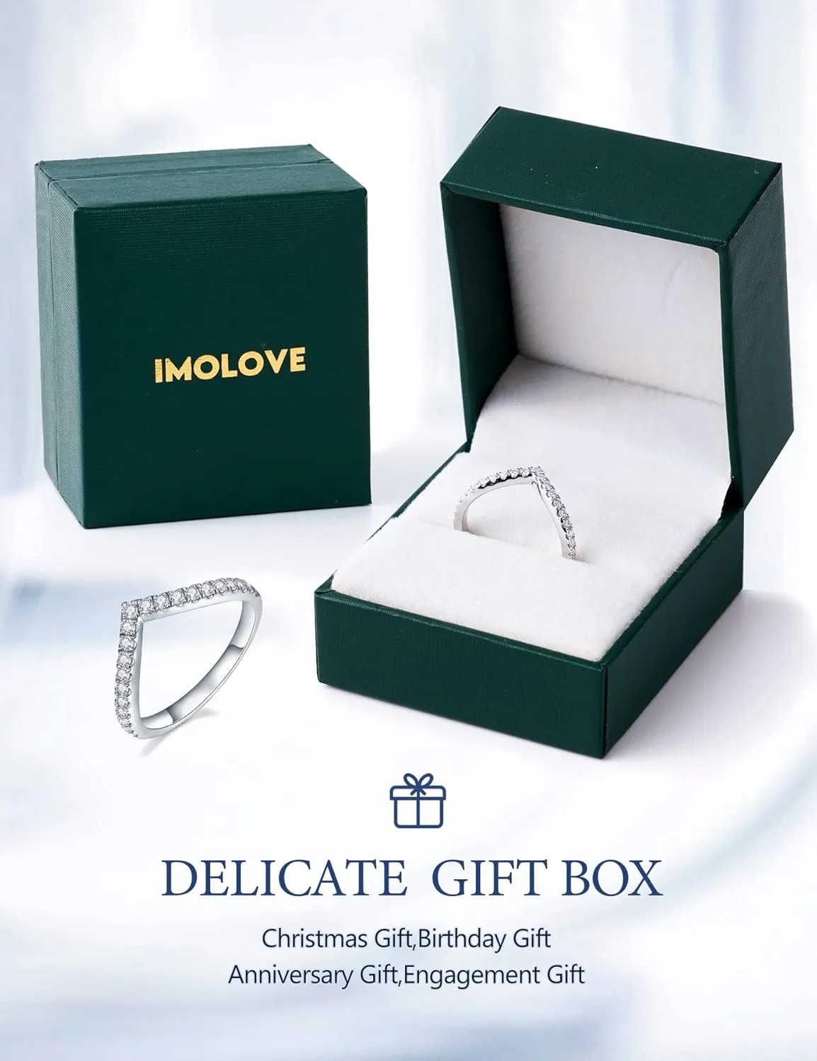 IMOLOVE Moissanite Wedding Band Wedding Rings for Women V-Shaped 925 Sterling Silver Rings with 18K White Gold Plated Eternity Stackable Engagement Ring Anniversary Band Size 4-11