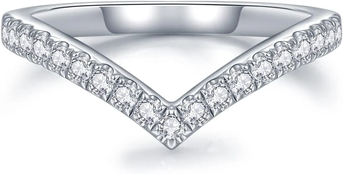 IMOLOVE Moissanite Wedding Band Wedding Rings for Women V-Shaped 925 Sterling Silver Rings with 18K White Gold Plated Eternity Stackable Engagement Ring Anniversary Band Size 4-11