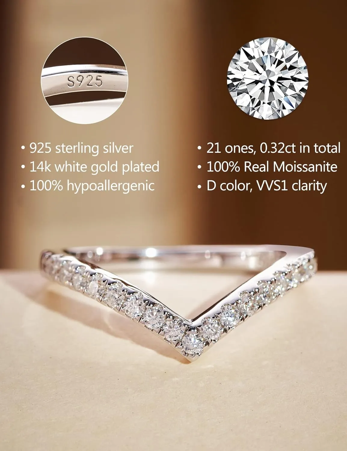 IMOLOVE Moissanite Wedding Band Wedding Rings for Women V-Shaped 925 Sterling Silver Rings with 18K White Gold Plated Eternity Stackable Engagement Ring Anniversary Band Size 4-11