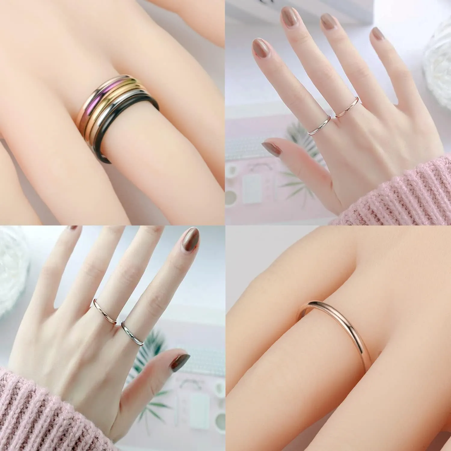 INENIMARTJ 2mm Thin Titanium Stainless Steel Knuckle Stacking Midi Rings,Stackable Dome Band Finger Ring Set for Women Men,5Pcs Simple Stylish Polished Wedding Ring Size 6-11