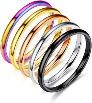 INENIMARTJ 2mm Thin Titanium Stainless Steel Knuckle Stacking Midi Rings,Stackable Dome Band Finger Ring Set for Women Men,5Pcs Simple Stylish Polished Wedding Ring Size 6-11