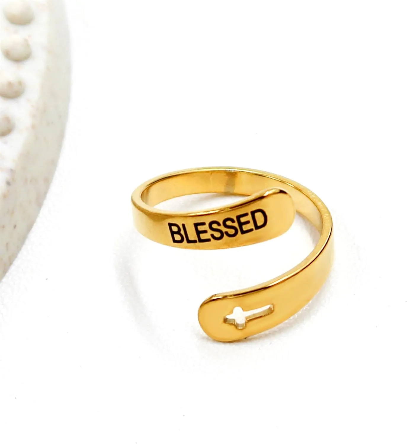 Inspirational Statement Rings for Women Laser Engraved with Blessed Stainless Steel Spiral Wrap Twist Ring Encouragement Personalized Christian Cross Opening Ring