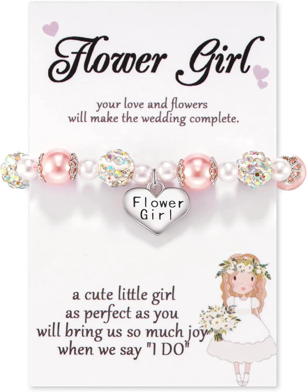 Jeka Rhinestone Bracelets for Girls - Flower Girls, Pink Pearl Heart Charm Bracelets for School, Graduation & Communion Gifts