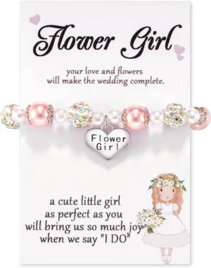 Jeka Rhinestone Bracelets for Girls - Flower Girls, Pink Pearl Heart Charm Bracelets for School, Graduation & Communion Gifts