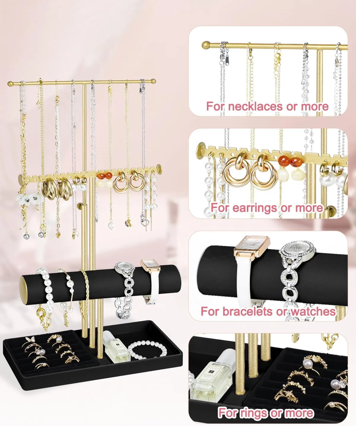Jenseits Jewelry Organizer Holder Stand, 3 Tier Jewelry Organizers and Storage w/Bracelet Holder & Velvet Rings Tray, Cute Necklace Holder Hanger Towers Rack for Girl Women Men Room/Dorm Decor-Black