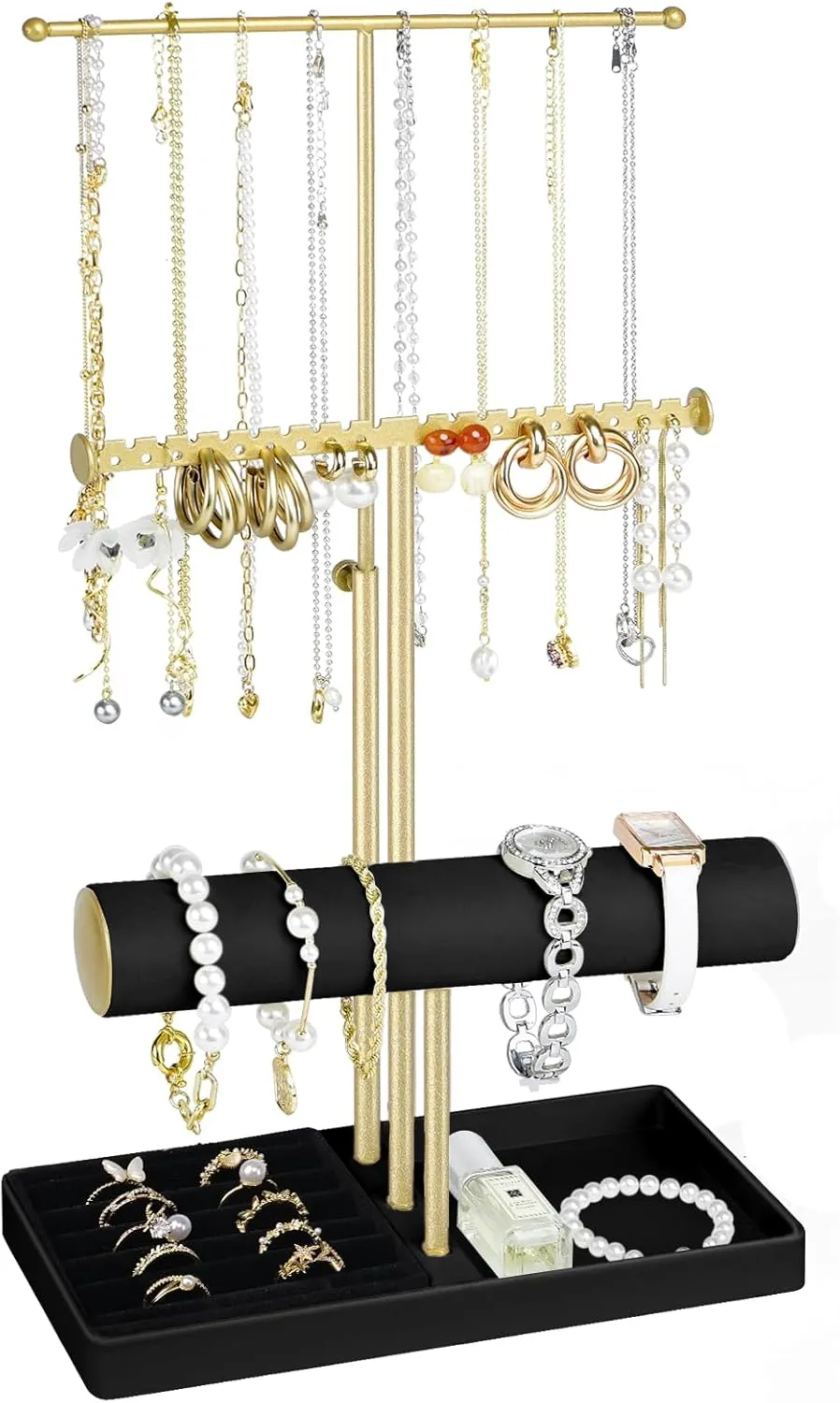 Jenseits Jewelry Organizer Holder Stand, 3 Tier Jewelry Organizers and Storage w/Bracelet Holder & Velvet Rings Tray, Cute Necklace Holder Hanger Towers Rack for Girl Women Men Room/Dorm Decor-Black