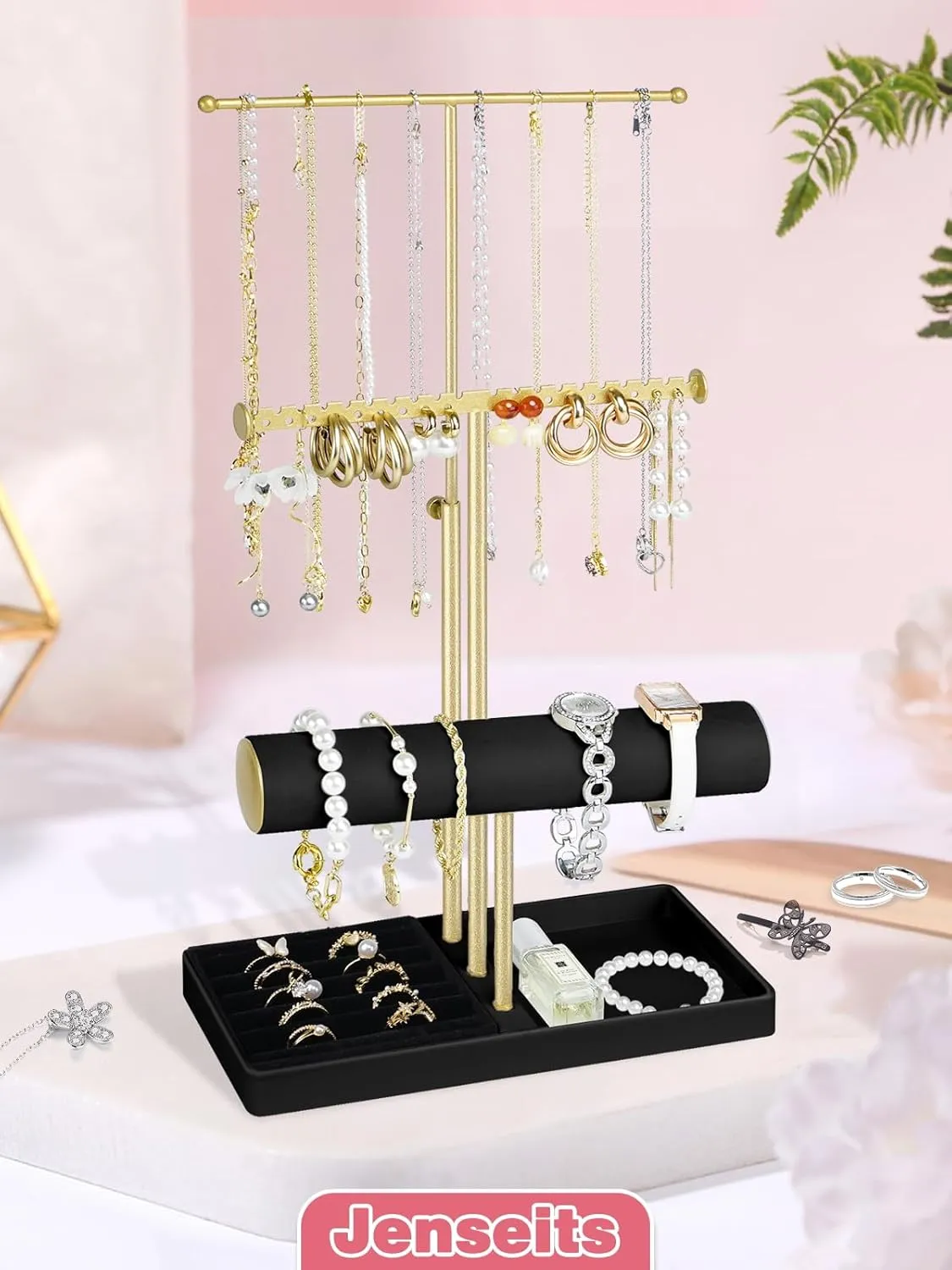 Jenseits Jewelry Organizer Holder Stand, 3 Tier Jewelry Organizers and Storage w/Bracelet Holder & Velvet Rings Tray, Cute Necklace Holder Hanger Towers Rack for Girl Women Men Room/Dorm Decor-Black