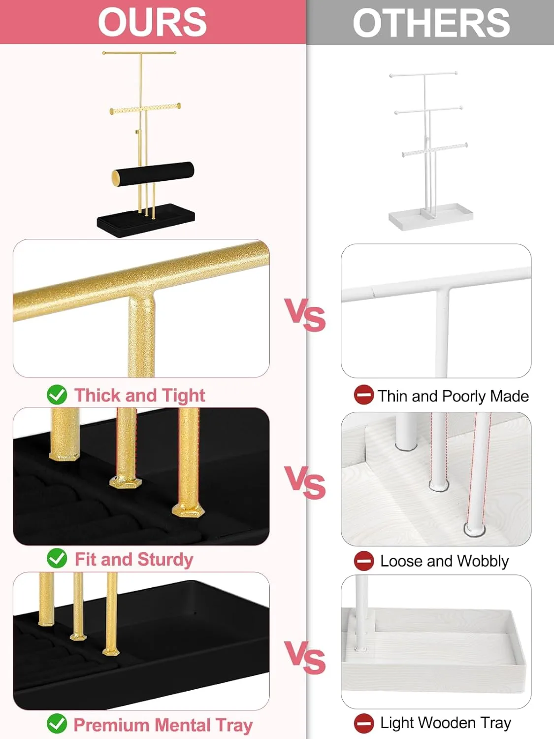 Jenseits Jewelry Organizer Holder Stand, 3 Tier Jewelry Organizers and Storage w/Bracelet Holder & Velvet Rings Tray, Cute Necklace Holder Hanger Towers Rack for Girl Women Men Room/Dorm Decor-Black
