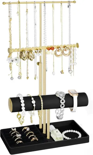 Jenseits Jewelry Organizer Holder Stand, 3 Tier Jewelry Organizers and Storage w/Bracelet Holder & Velvet Rings Tray, Cute Necklace Holder Hanger Towers Rack for Girl Women Men Room/Dorm Decor-Black