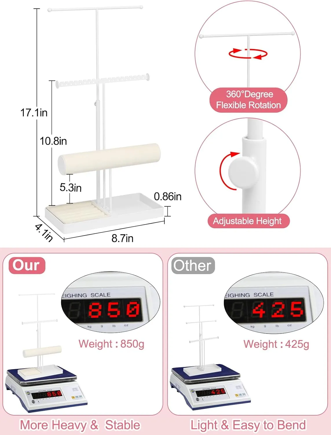 Jenseits Jewelry Organizer Jewelry Stand Jewelry Holder Organizer, 3 Tier Necklace Organizer with Ring Tray, Cute Aesthetic Jewelry Storage Display for Bracelet Earrings Gift for Women - White