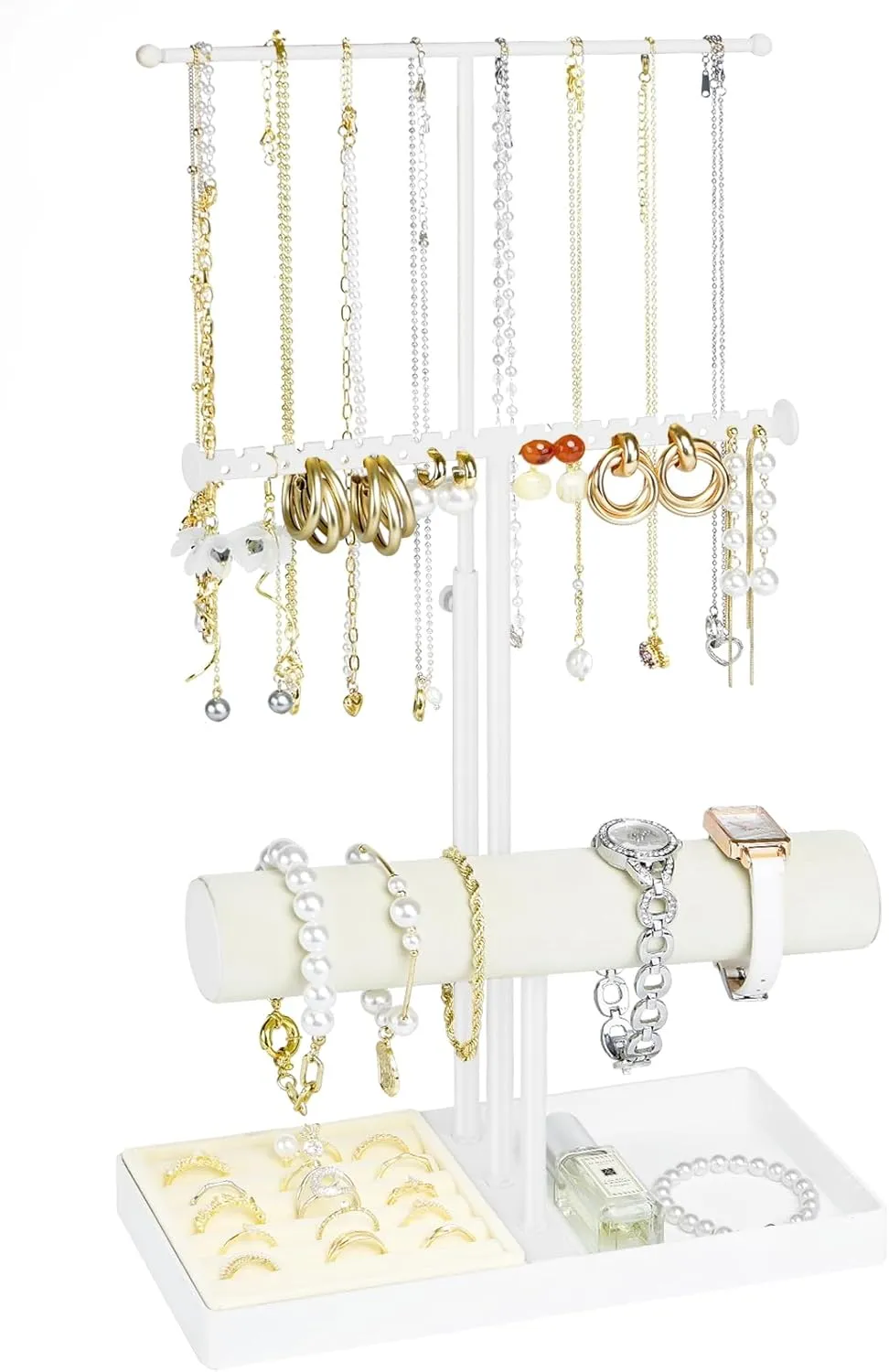 Jenseits Jewelry Organizer Jewelry Stand Jewelry Holder Organizer, 3 Tier Necklace Organizer with Ring Tray, Cute Aesthetic Jewelry Storage Display for Bracelet Earrings Gift for Women - White