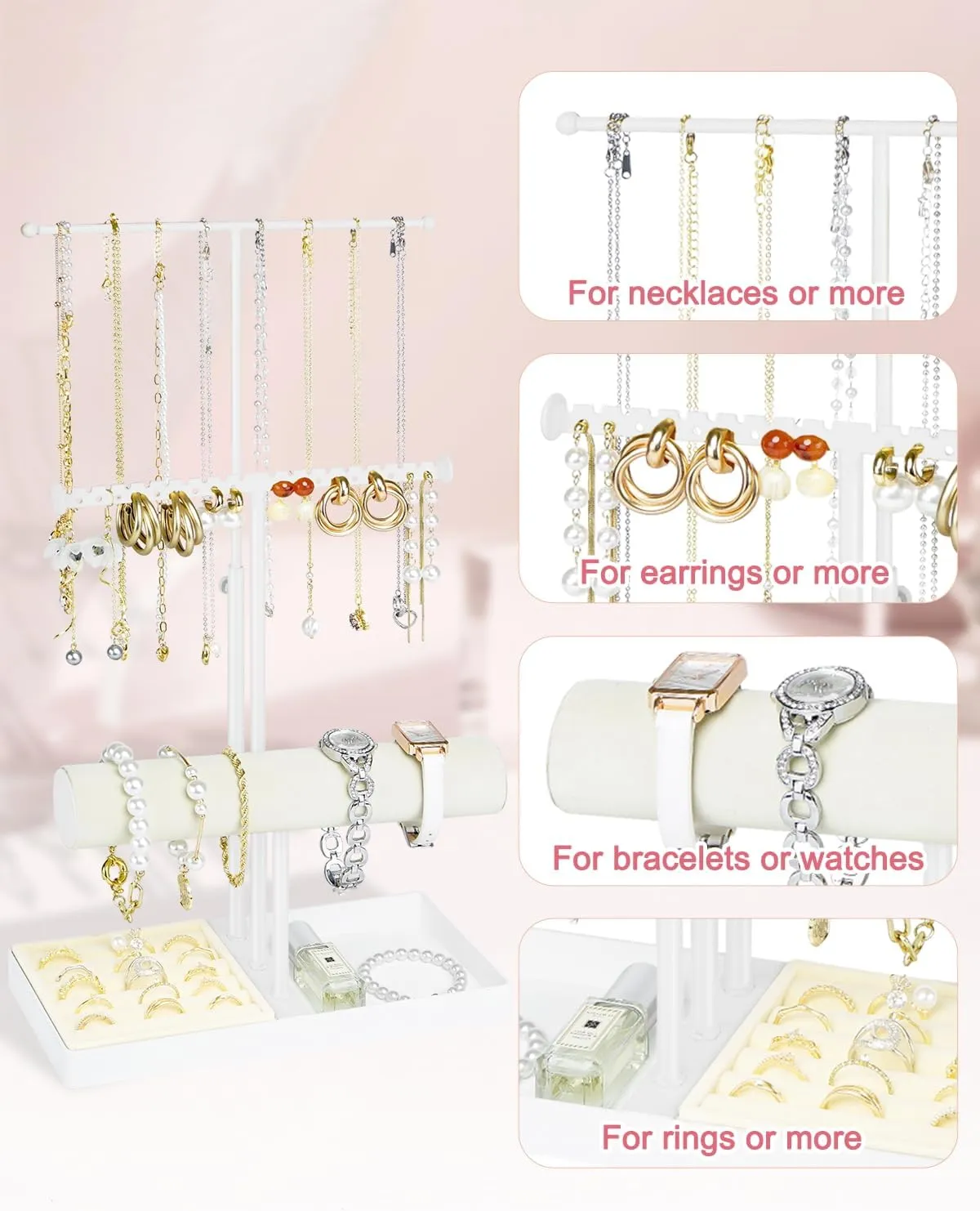 Jenseits Jewelry Organizer Jewelry Stand Jewelry Holder Organizer, 3 Tier Necklace Organizer with Ring Tray, Cute Aesthetic Jewelry Storage Display for Bracelet Earrings Gift for Women - White