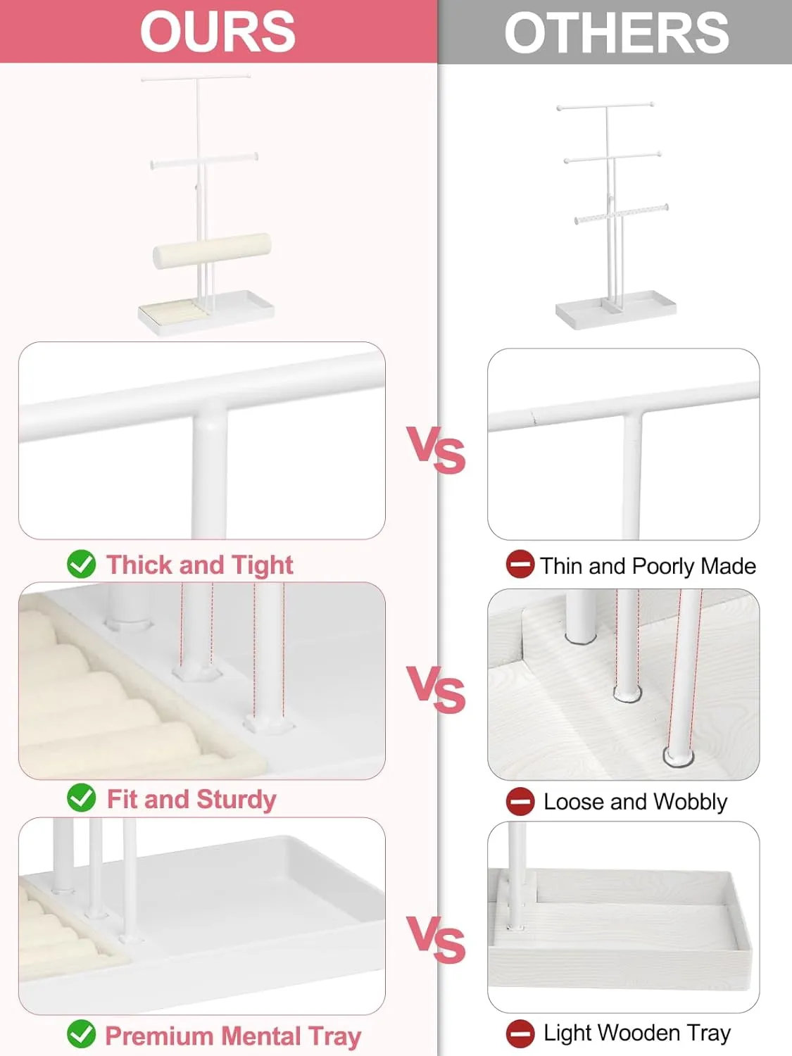 Jenseits Jewelry Organizer Jewelry Stand Jewelry Holder Organizer, 3 Tier Necklace Organizer with Ring Tray, Cute Aesthetic Jewelry Storage Display for Bracelet Earrings Gift for Women - White