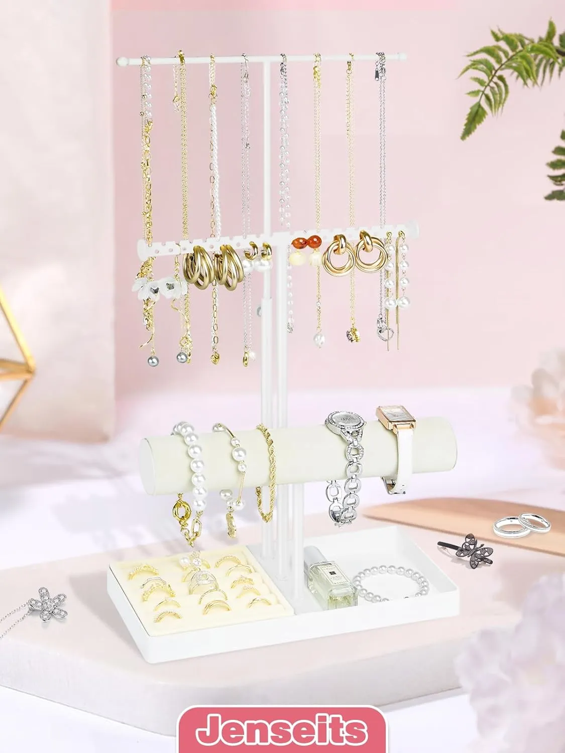 Jenseits Jewelry Organizer Jewelry Stand Jewelry Holder Organizer, 3 Tier Necklace Organizer with Ring Tray, Cute Aesthetic Jewelry Storage Display for Bracelet Earrings Gift for Women - White