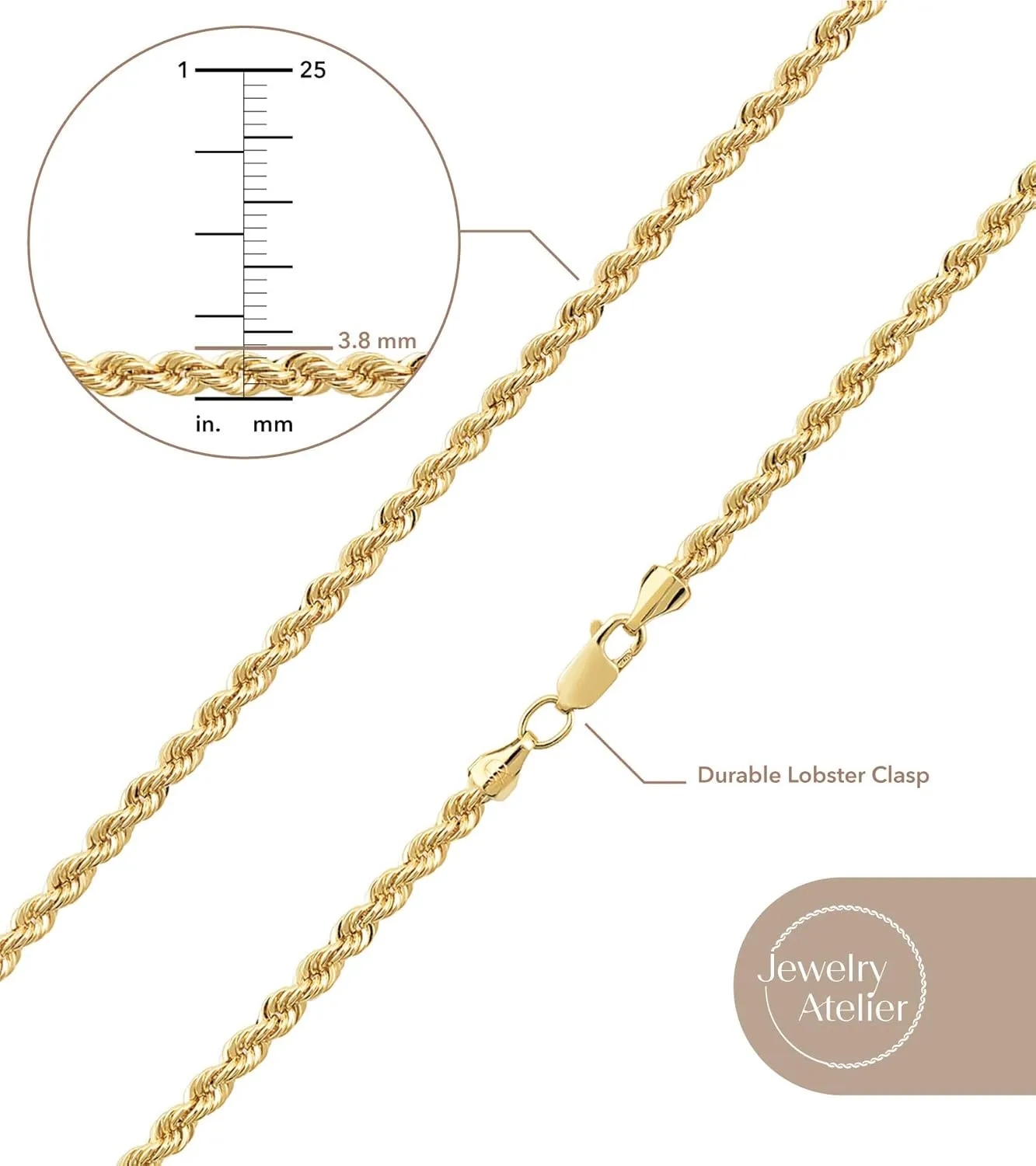 Jewelry Atelier Gold Chain Necklace Collection - 14K Solid Yellow Gold Filled Rope Chain Necklaces for Women and Men with Different Sizes (2.1mm, 2.7mm, or 3.8mm)