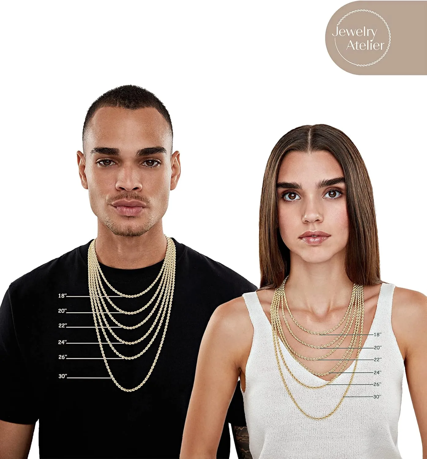 Jewelry Atelier Gold Chain Necklace Collection - 14K Solid Yellow Gold Filled Rope Chain Necklaces for Women and Men with Different Sizes (2.1mm, 2.7mm, or 3.8mm)