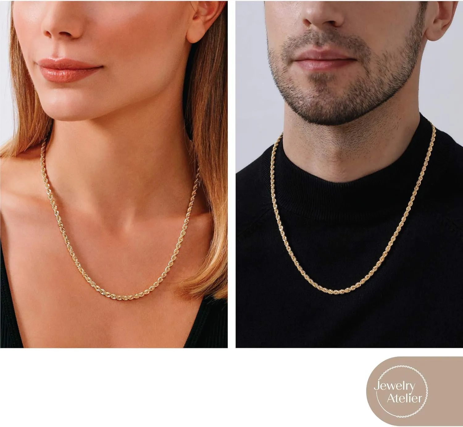 Jewelry Atelier Gold Chain Necklace Collection - 14K Solid Yellow Gold Filled Rope Chain Necklaces for Women and Men with Different Sizes (2.1mm, 2.7mm, or 3.8mm)