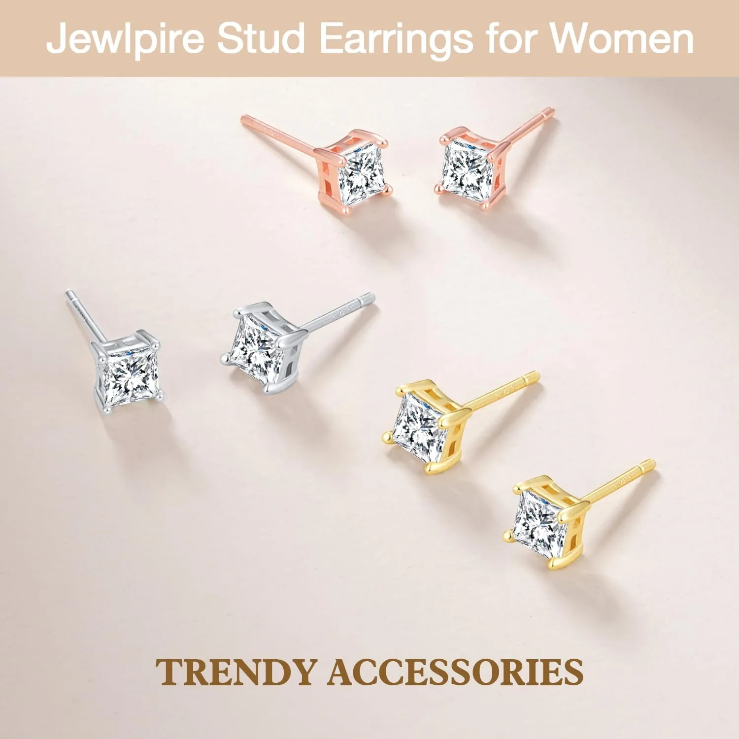 Jewlpire 925 Sterling Silver Stud Earrings for Women Men, 14K Plated Gold Stud Earrings for Women, Round/Princess Cut Cubic Zirconia Earrings Studs, Stud Earrings 3mm 4mm 5mm 6mm 7mm