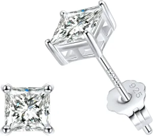 Jewlpire 925 Sterling Silver Stud Earrings for Women Men, 14K Plated Gold Stud Earrings for Women, Round/Princess Cut Cubic Zirconia Earrings Studs, Stud Earrings 3mm 4mm 5mm 6mm 7mm