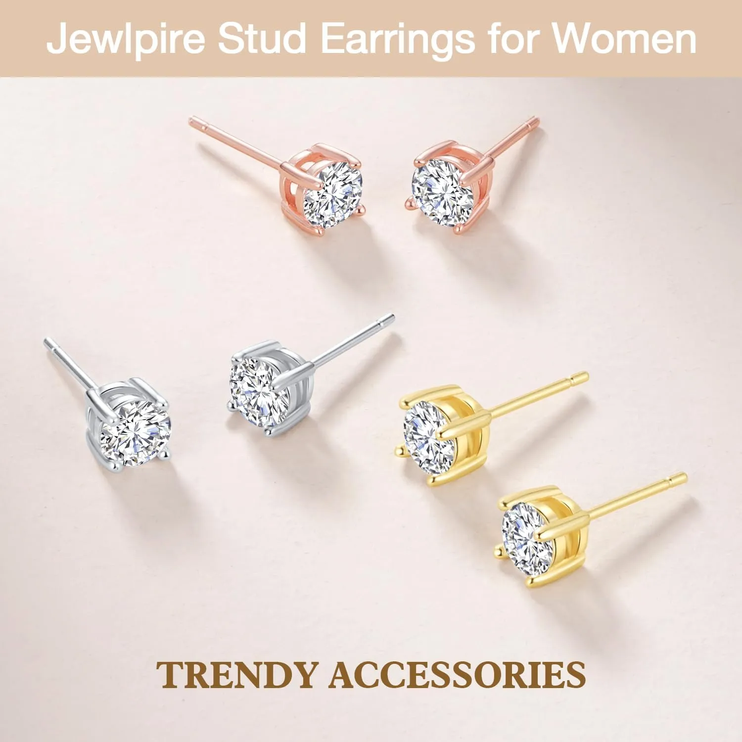 Jewlpire 925 Sterling Silver Stud Earrings for Women Men, 14K Plated Gold Stud Earrings for Women, Round/Princess Cut Cubic Zirconia Earrings Studs, Stud Earrings 3mm 4mm 5mm 6mm 7mm
