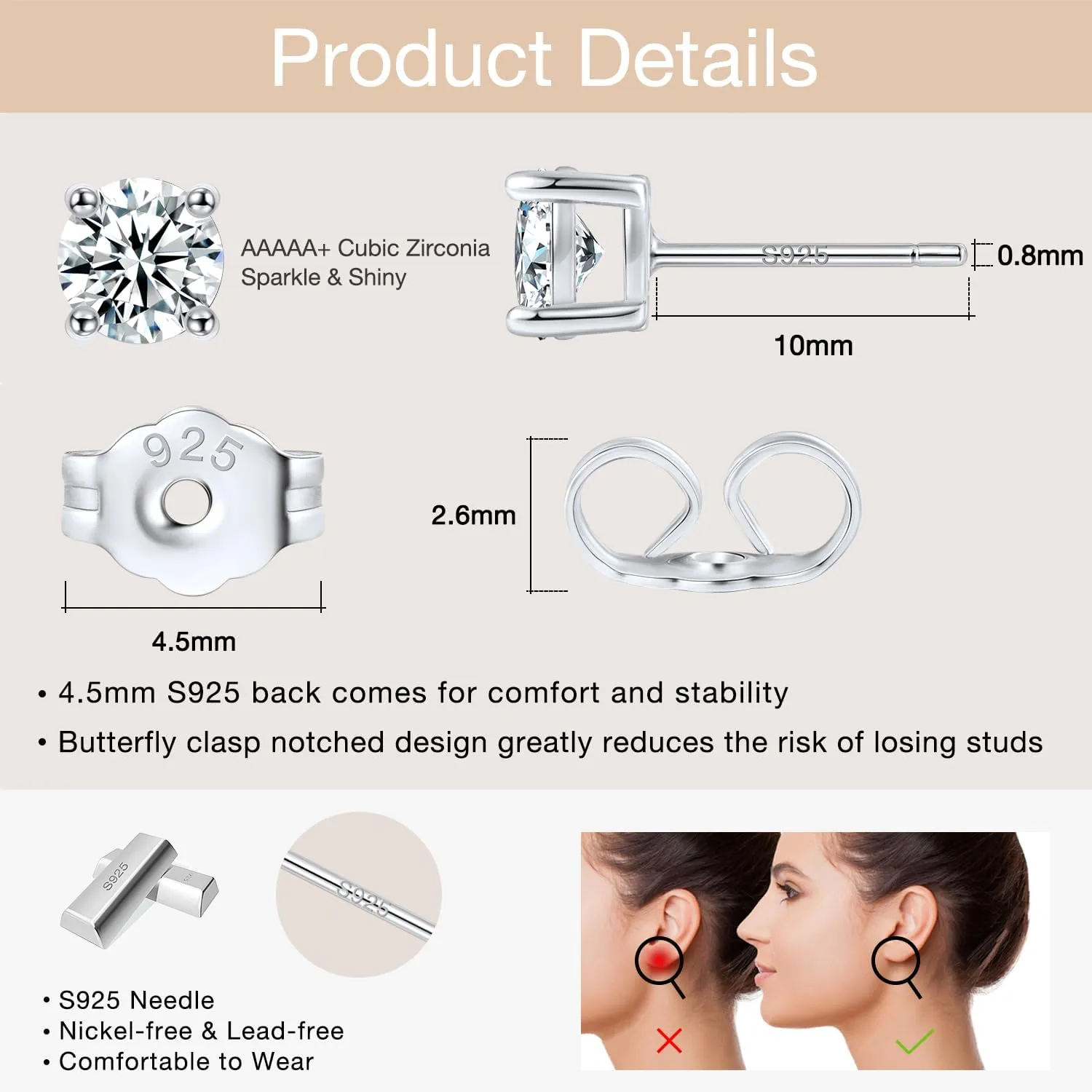Jewlpire 925 Sterling Silver Stud Earrings for Women Men, 14K Plated Gold Stud Earrings for Women, Round/Princess Cut Cubic Zirconia Earrings Studs, Stud Earrings 3mm 4mm 5mm 6mm 7mm