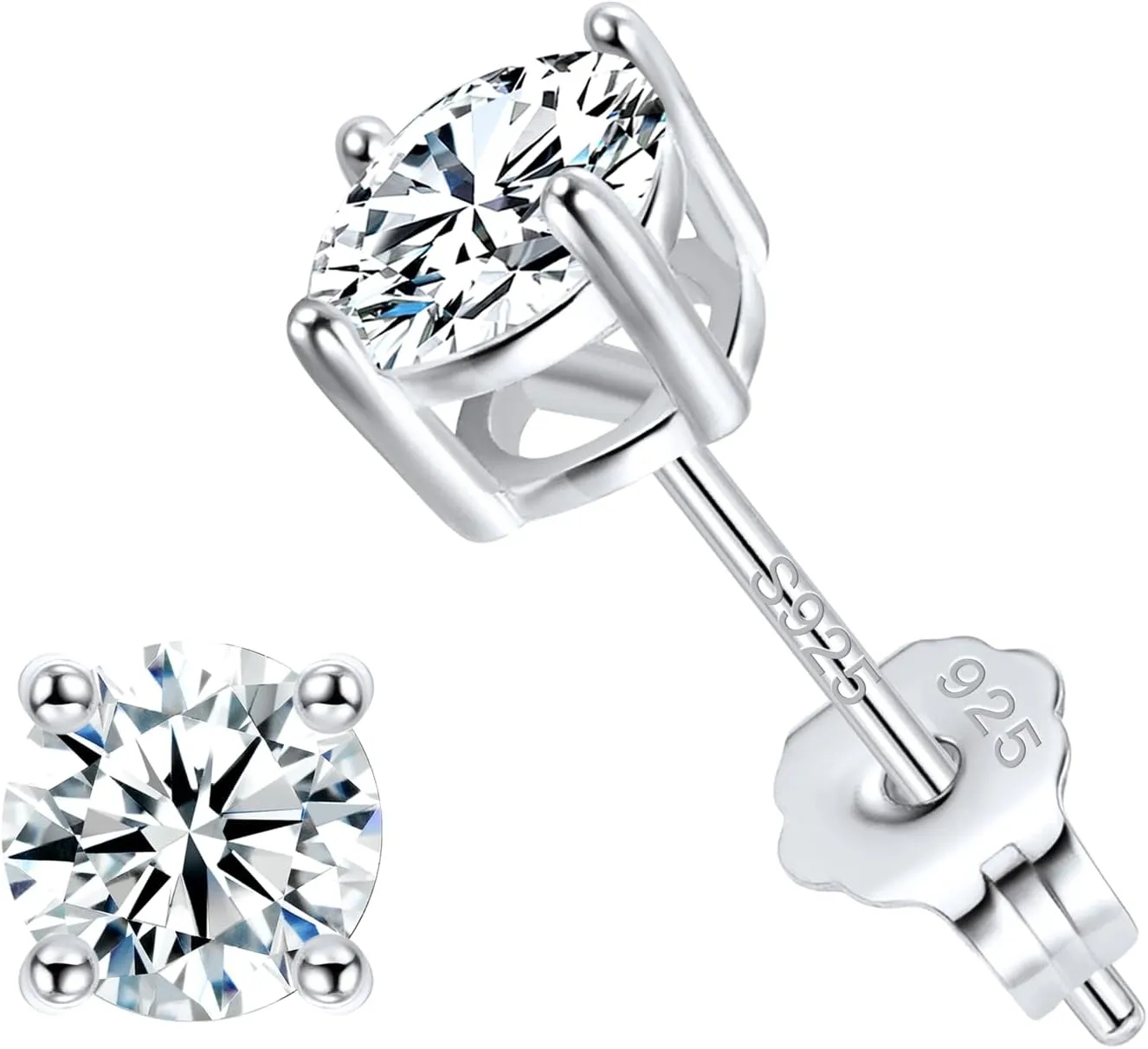 Jewlpire 925 Sterling Silver Stud Earrings for Women Men, 14K Plated Gold Stud Earrings for Women, Round/Princess Cut Cubic Zirconia Earrings Studs, Stud Earrings 3mm 4mm 5mm 6mm 7mm