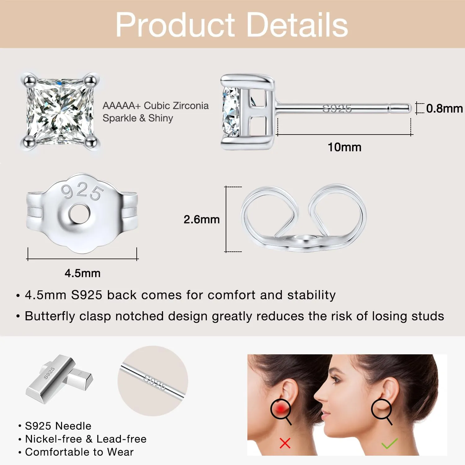 Jewlpire 925 Sterling Silver Stud Earrings for Women Men, 14K Plated Gold Stud Earrings for Women, Round/Princess Cut Cubic Zirconia Earrings Studs, Stud Earrings 3mm 4mm 5mm 6mm 7mm