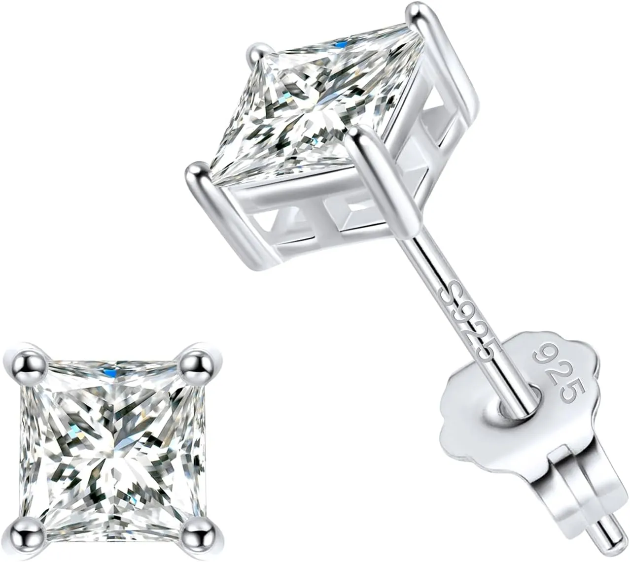 Jewlpire 925 Sterling Silver Stud Earrings for Women Men, 14K Plated Gold Stud Earrings for Women, Round/Princess Cut Cubic Zirconia Earrings Studs, Stud Earrings 3mm 4mm 5mm 6mm 7mm