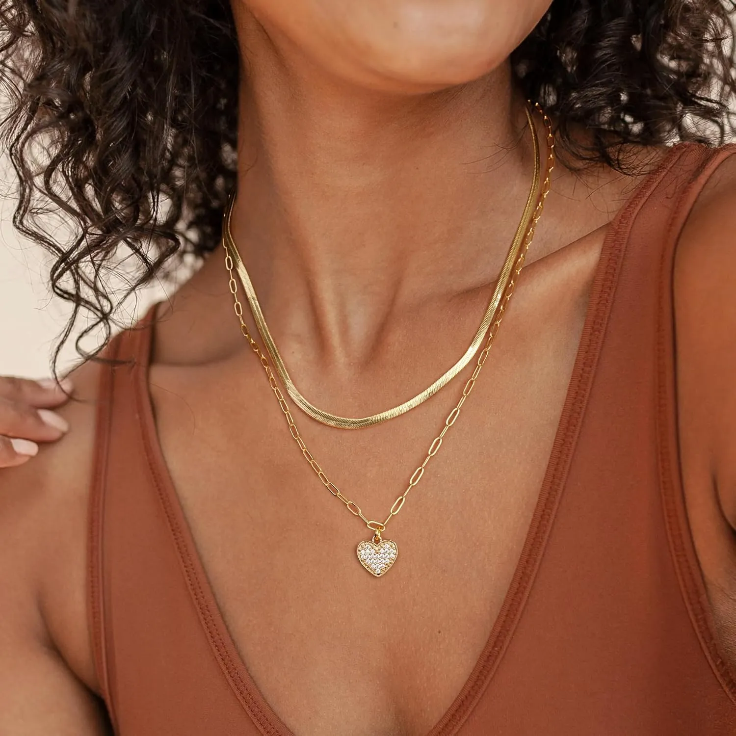 Jewlpire Mother's Day Gifts for Women Gold Necklace for Women, 14K Plated Gold Layered Necklaces for Women, Non Tarnish Herringbone Necklace Paperclip Chain Gifts for Her Wife