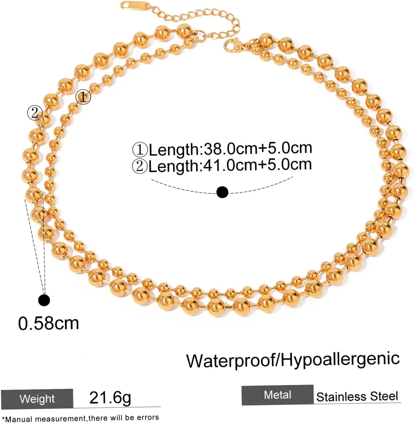 JNF 14K Gold-Plated Ball Love Necklace for Women Chunky Heart Necklace Layering Beaded Chain Choker Necklaces Length 18 Inches Adjustable