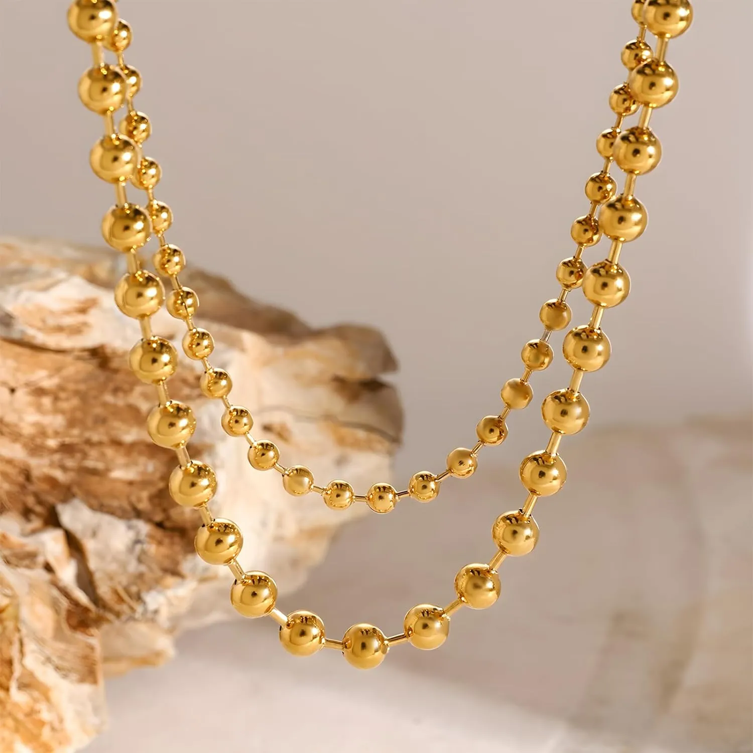 JNF 14K Gold-Plated Ball Love Necklace for Women Chunky Heart Necklace Layering Beaded Chain Choker Necklaces Length 18 Inches Adjustable