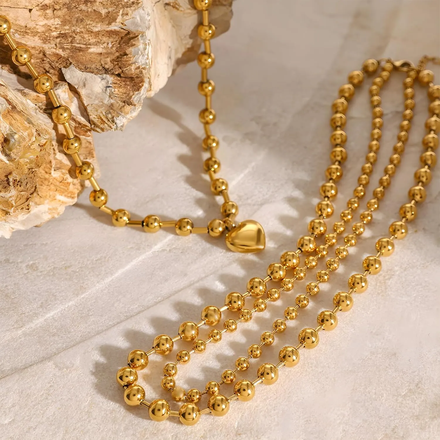 JNF 14K Gold-Plated Ball Love Necklace for Women Chunky Heart Necklace Layering Beaded Chain Choker Necklaces Length 18 Inches Adjustable