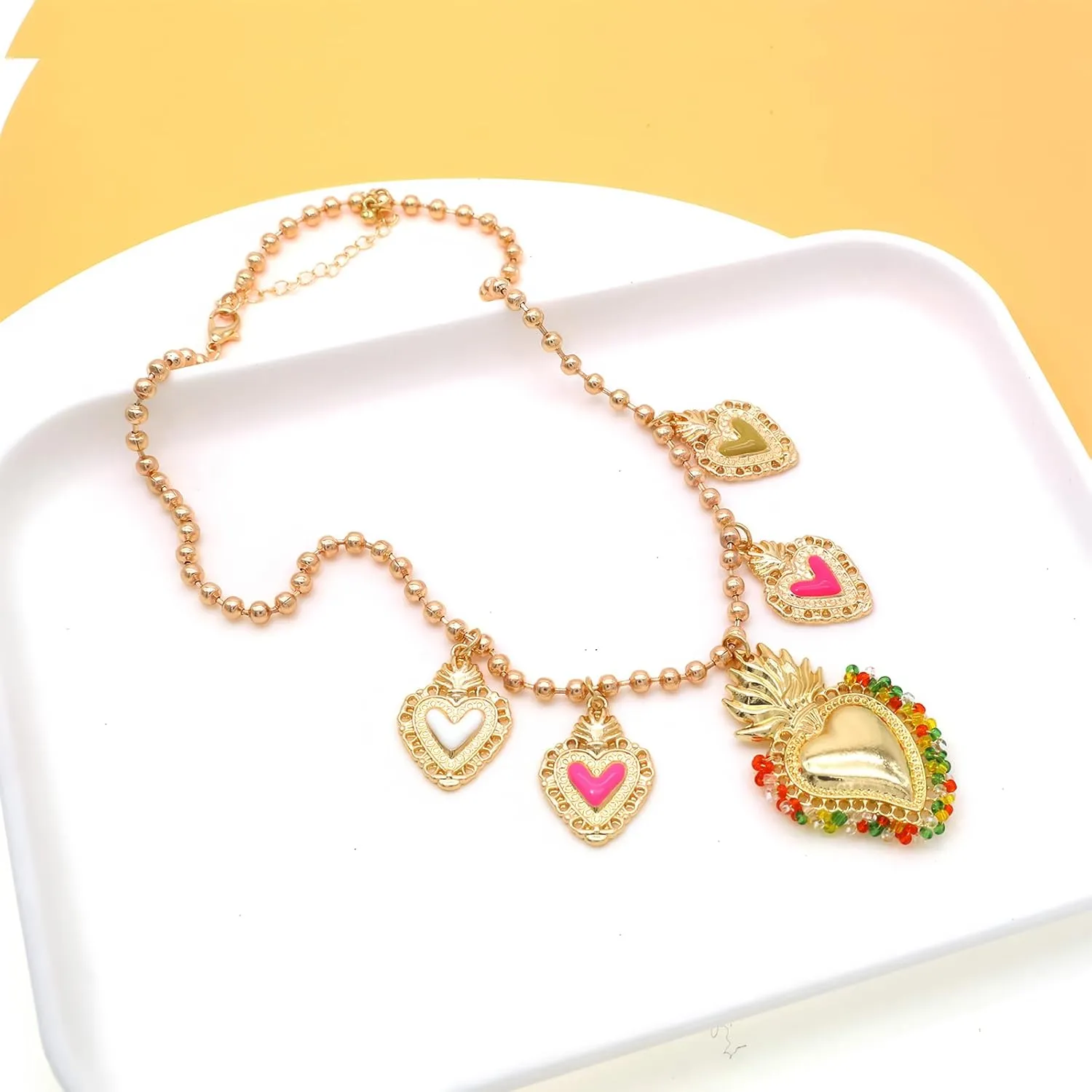 JNF Chunky Layer Heart Charm Necklace for Women Boho Heart Sun Flower Key Coins Charms Necklaces Paperclip Link Chain Necklace Y2K Statement Jewelry