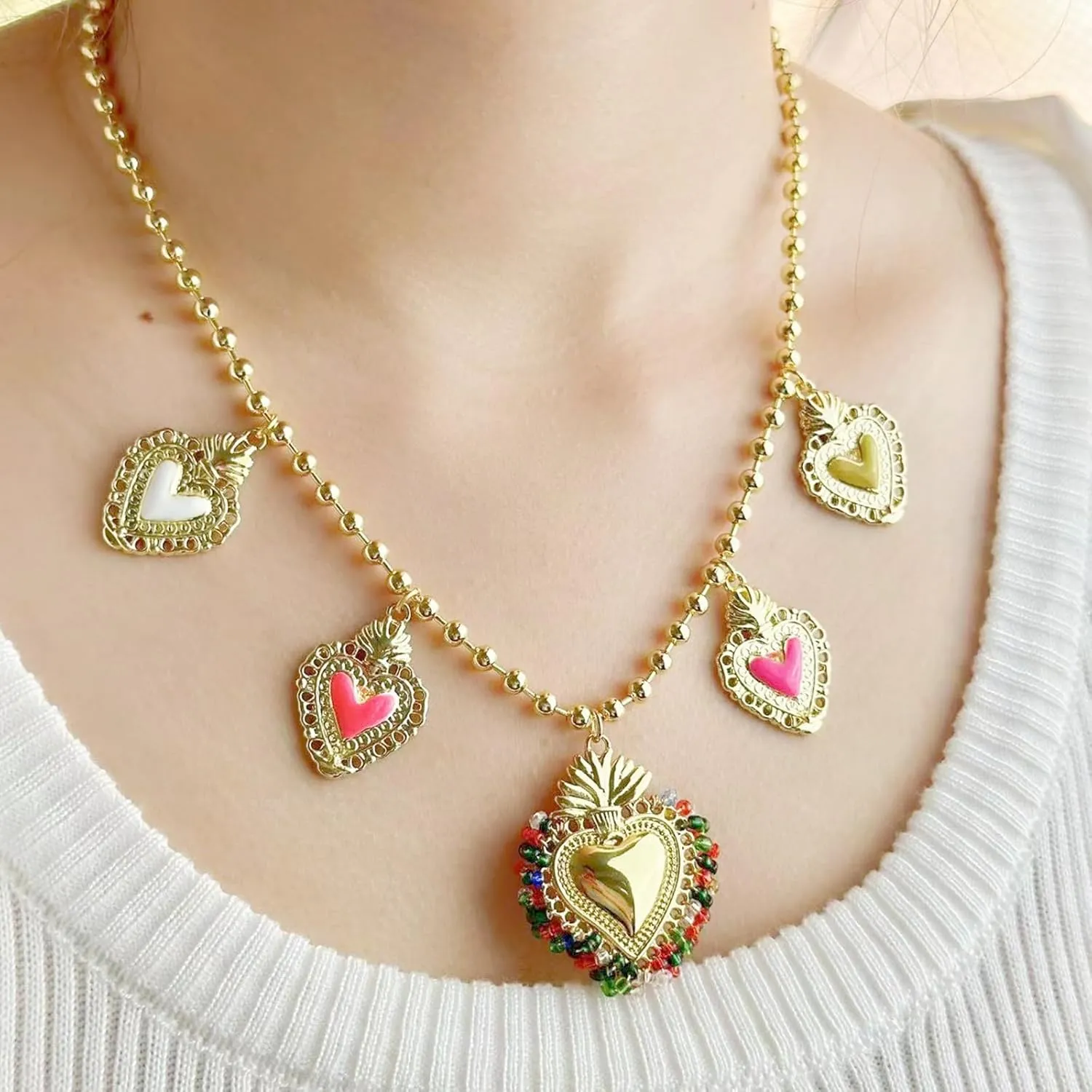 JNF Chunky Layer Heart Charm Necklace for Women Boho Heart Sun Flower Key Coins Charms Necklaces Paperclip Link Chain Necklace Y2K Statement Jewelry