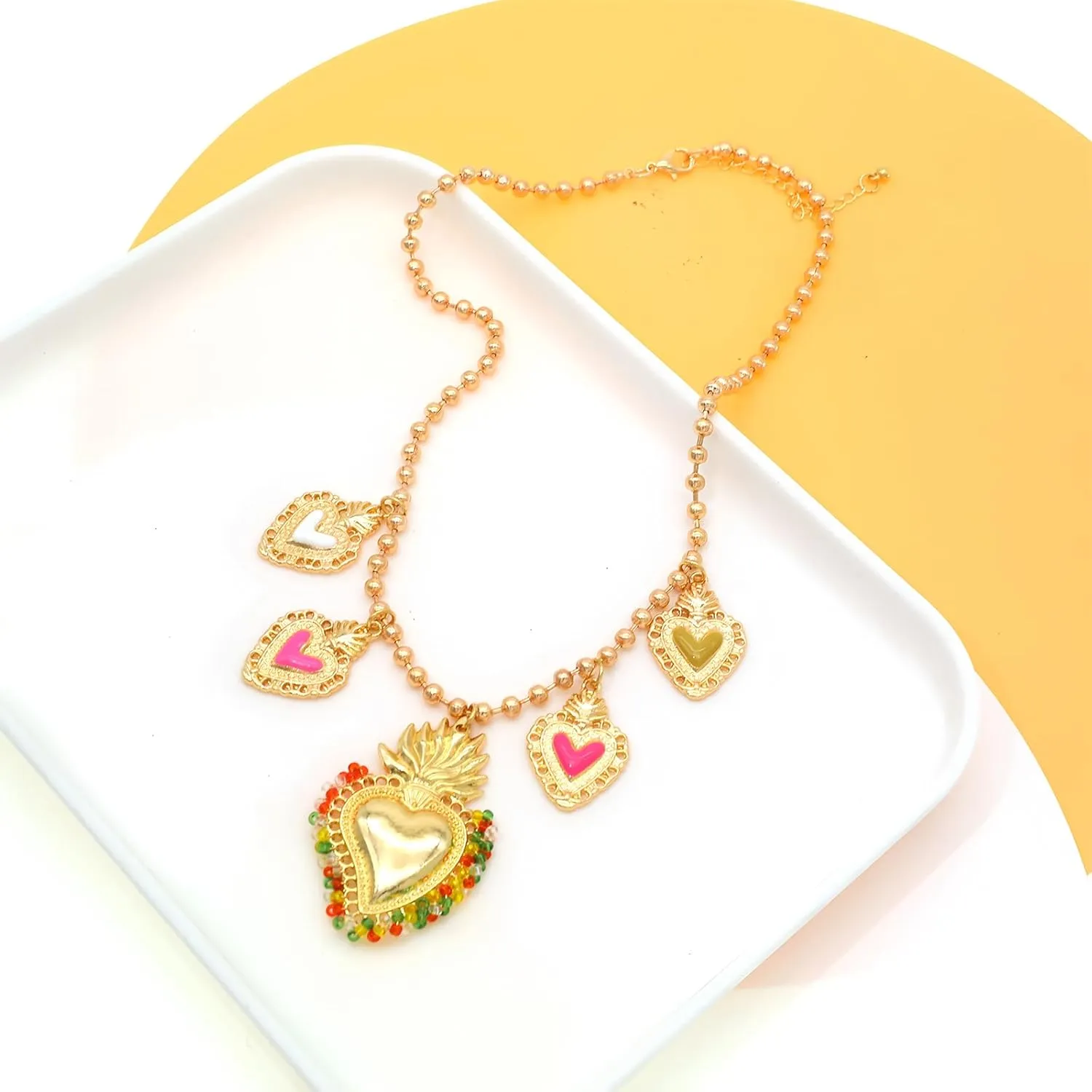 JNF Chunky Layer Heart Charm Necklace for Women Boho Heart Sun Flower Key Coins Charms Necklaces Paperclip Link Chain Necklace Y2K Statement Jewelry