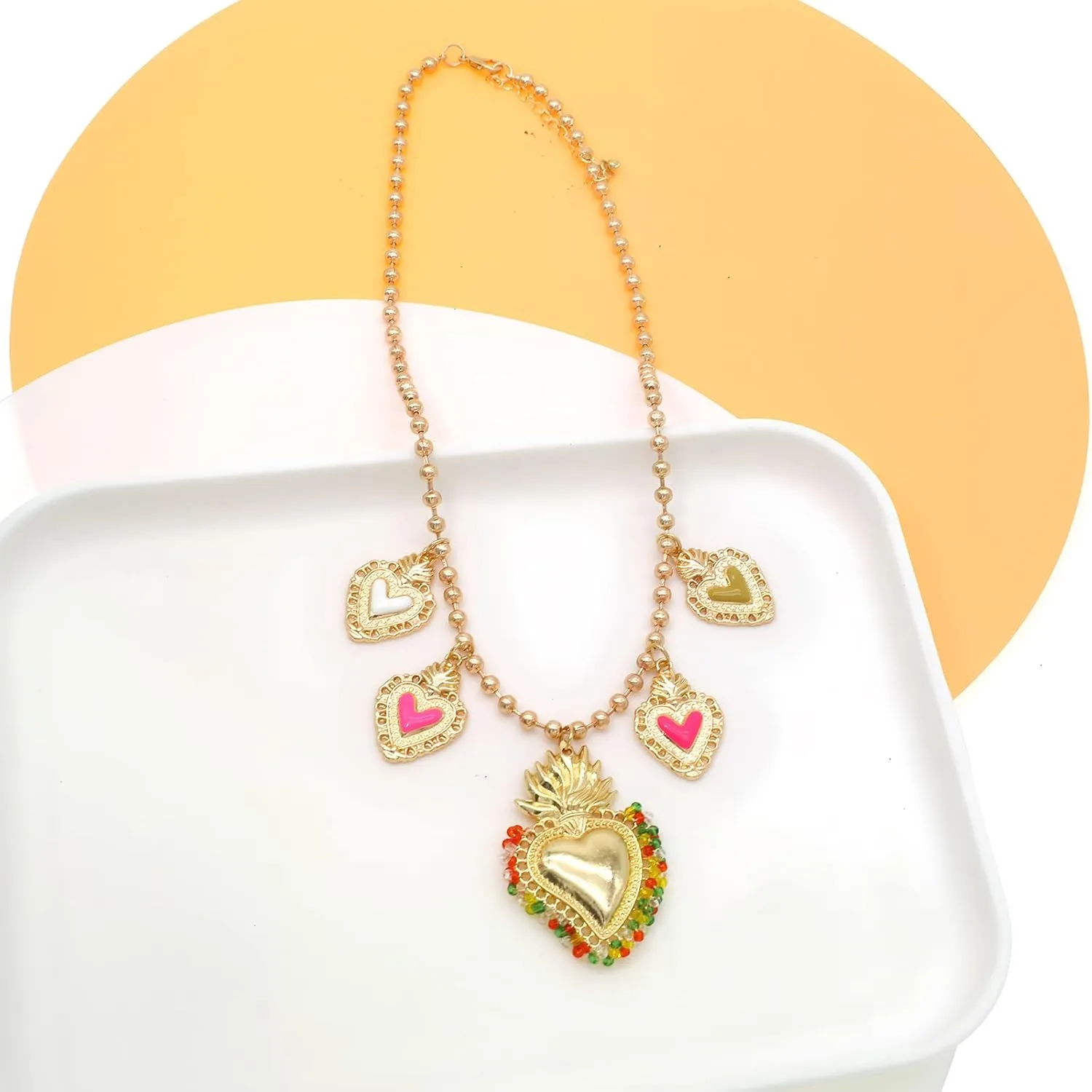 JNF Chunky Layer Heart Charm Necklace for Women Boho Heart Sun Flower Key Coins Charms Necklaces Paperclip Link Chain Necklace Y2K Statement Jewelry