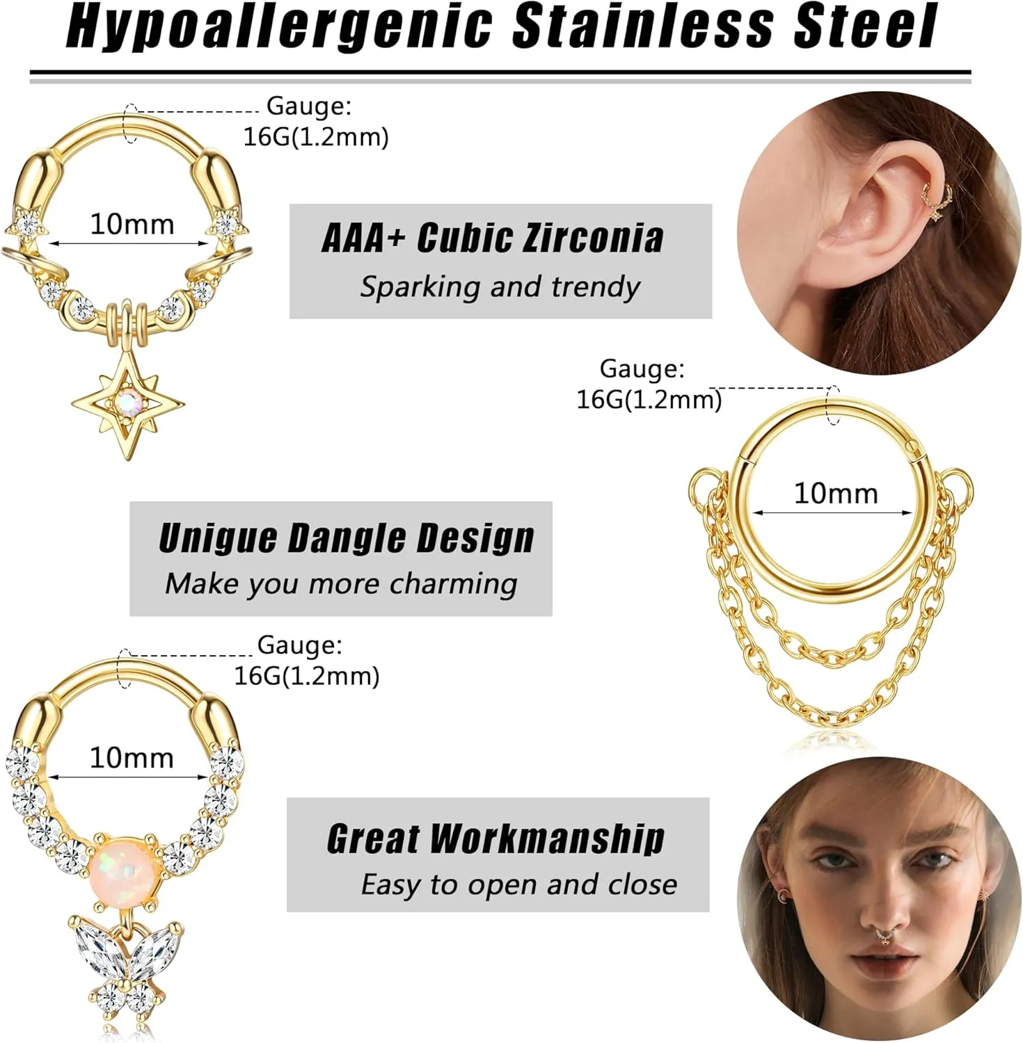 JOERICA 9pc 16G Septum Rings - Small, Dangle & Hoops with Cute, Evil Eye, Butterfly & Flower Designs - Surgical Steel Septum Piercing Jewelry