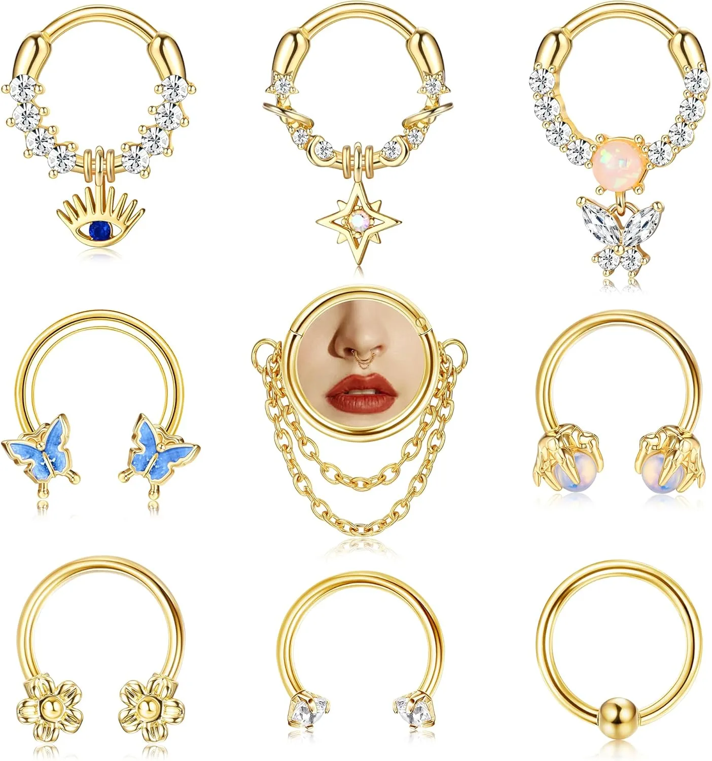 JOERICA 9pc 16G Septum Rings - Small, Dangle & Hoops with Cute, Evil Eye, Butterfly & Flower Designs - Surgical Steel Septum Piercing Jewelry