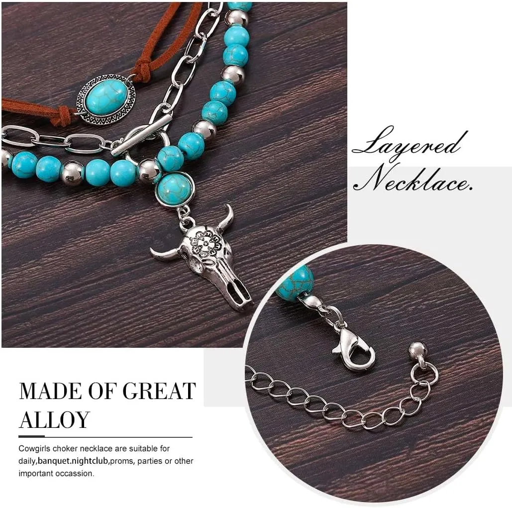 Jovono Boho Choker Necklace Silver Cowgirls Boot Pendant Necklaces Turquoise Western Necklace Chain for Women