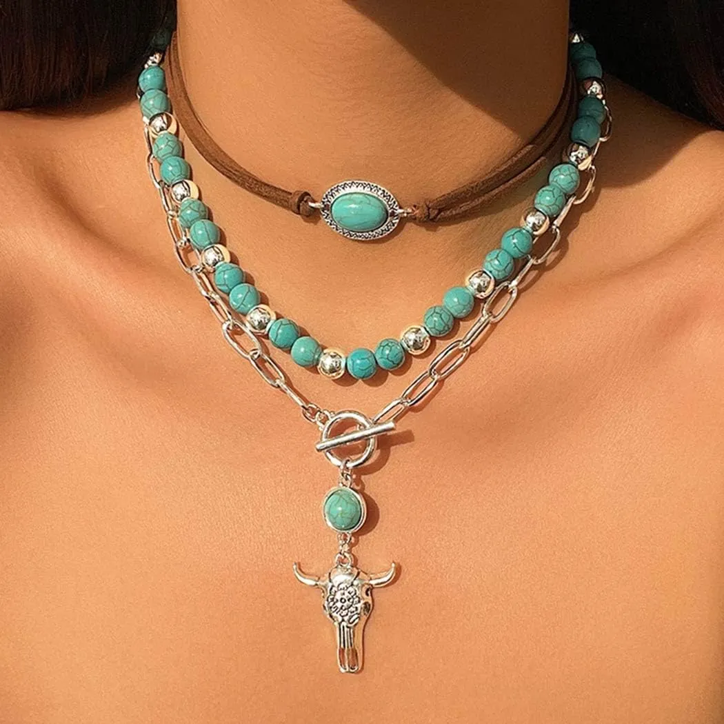 Jovono Boho Choker Necklace Silver Cowgirls Boot Pendant Necklaces Turquoise Western Necklace Chain for Women