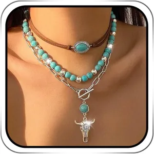 Jovono Boho Choker Necklace Silver Cowgirls Boot Pendant Necklaces Turquoise Western Necklace Chain for Women