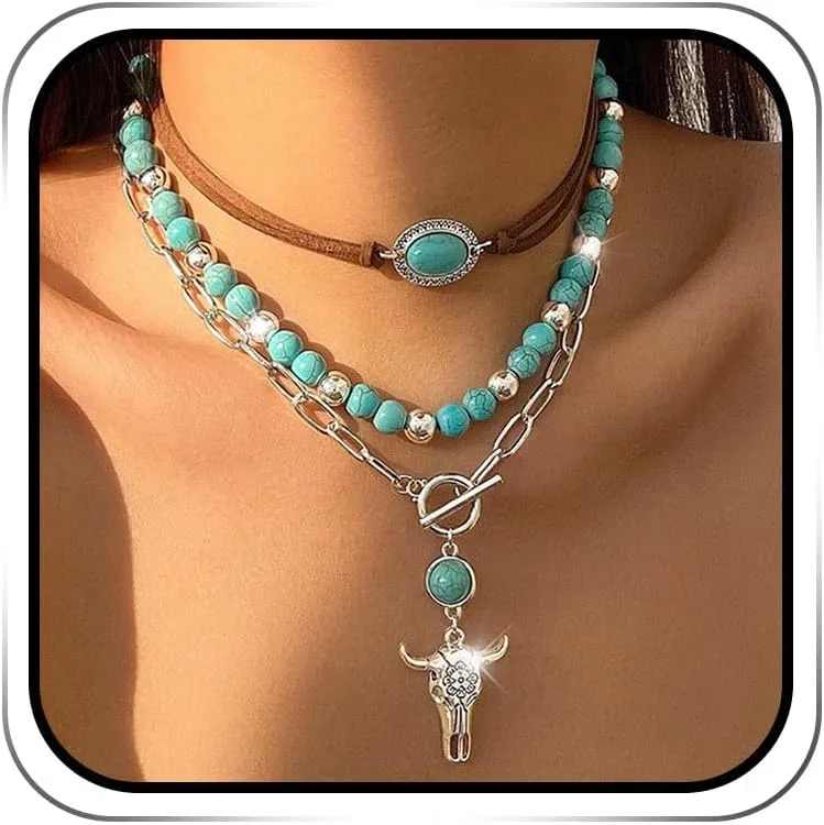 Jovono Boho Choker Necklace Silver Cowgirls Boot Pendant Necklaces Turquoise Western Necklace Chain for Women