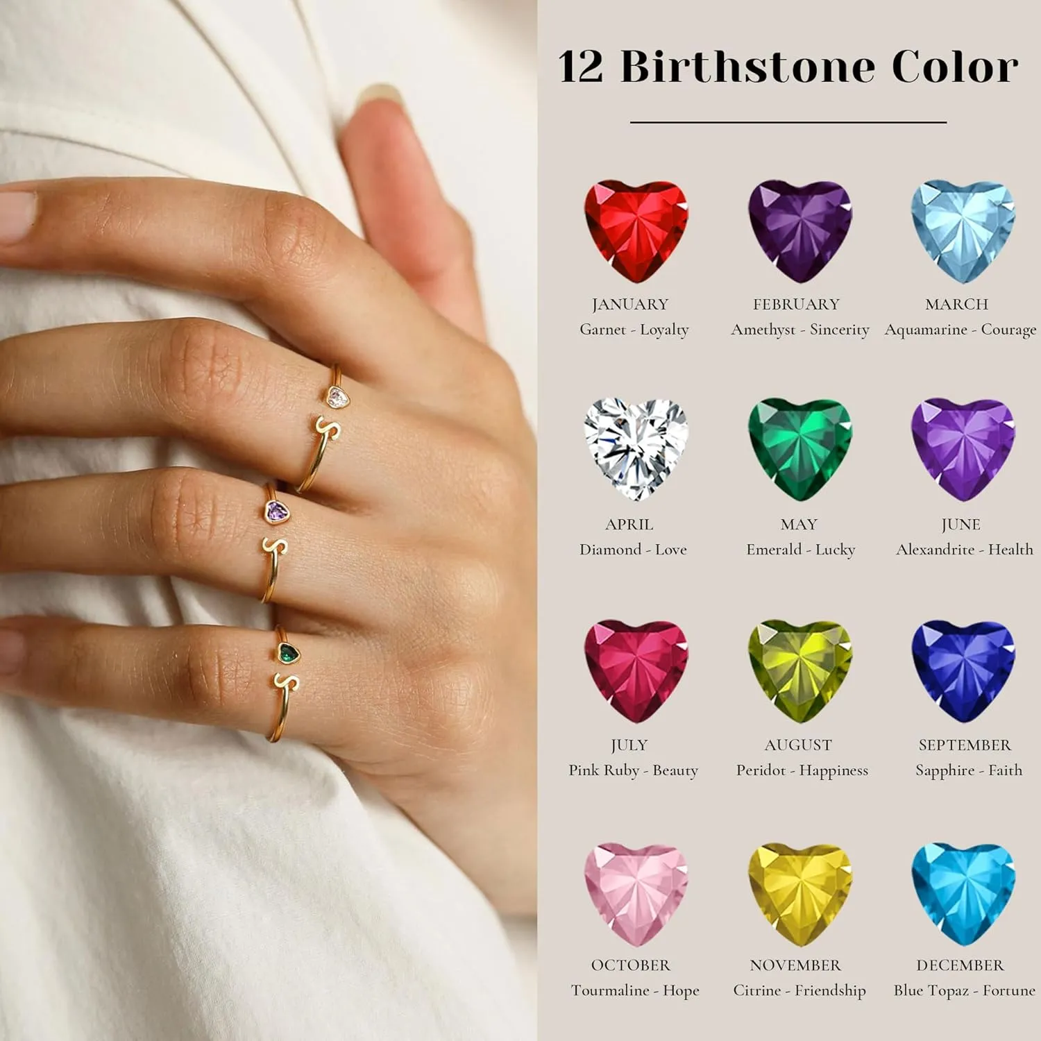 JSJOY Birthstone Rings for Women 26 A-Z Initial Ring Adjustable 14k Gold Ring Birthday Gifts for Her Rings for Teen Sister Bridesmaid Gifts Dainty Letter Jewelry