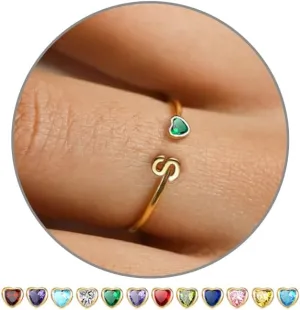 JSJOY Birthstone Rings for Women 26 A-Z Initial Ring Adjustable 14k Gold Ring Birthday Gifts for Her Rings for Teen Sister Bridesmaid Gifts Dainty Letter Jewelry